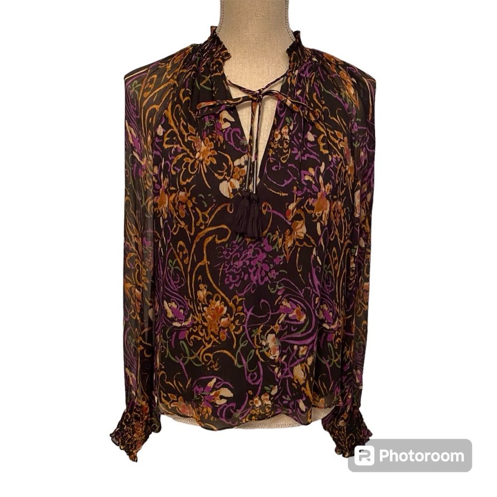 RAMY BROOK TOP BLOUSE BLACK PURPLE FLORAL SMOCKED TIE NECK SIZE XS